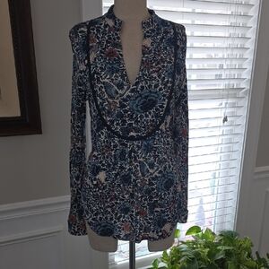 Tory Burch Navy and Cream Floral Blouse